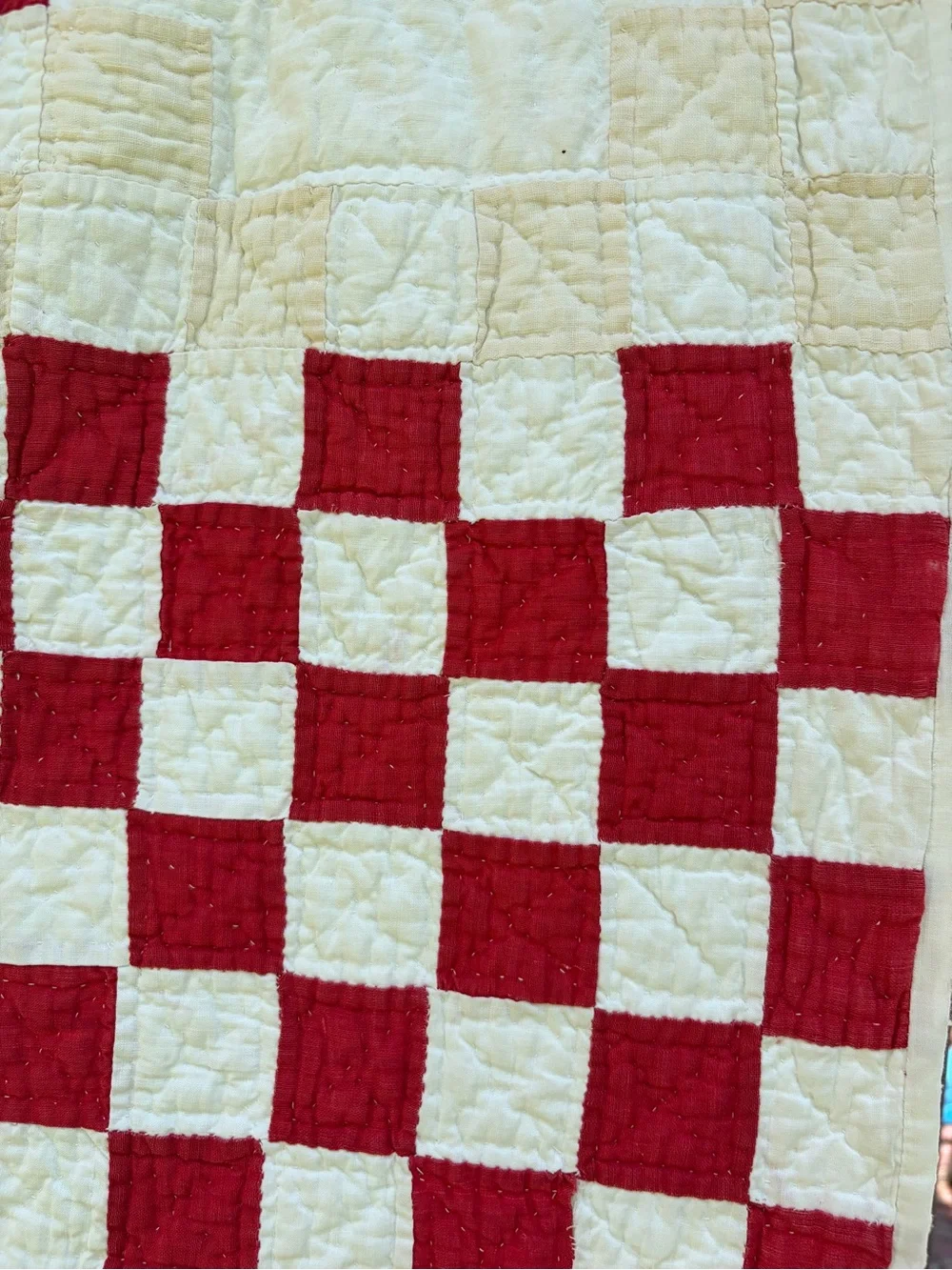 Vintage 1930-1940s Red & White Patchwork Checkered Feed Sack Quilt 65x74